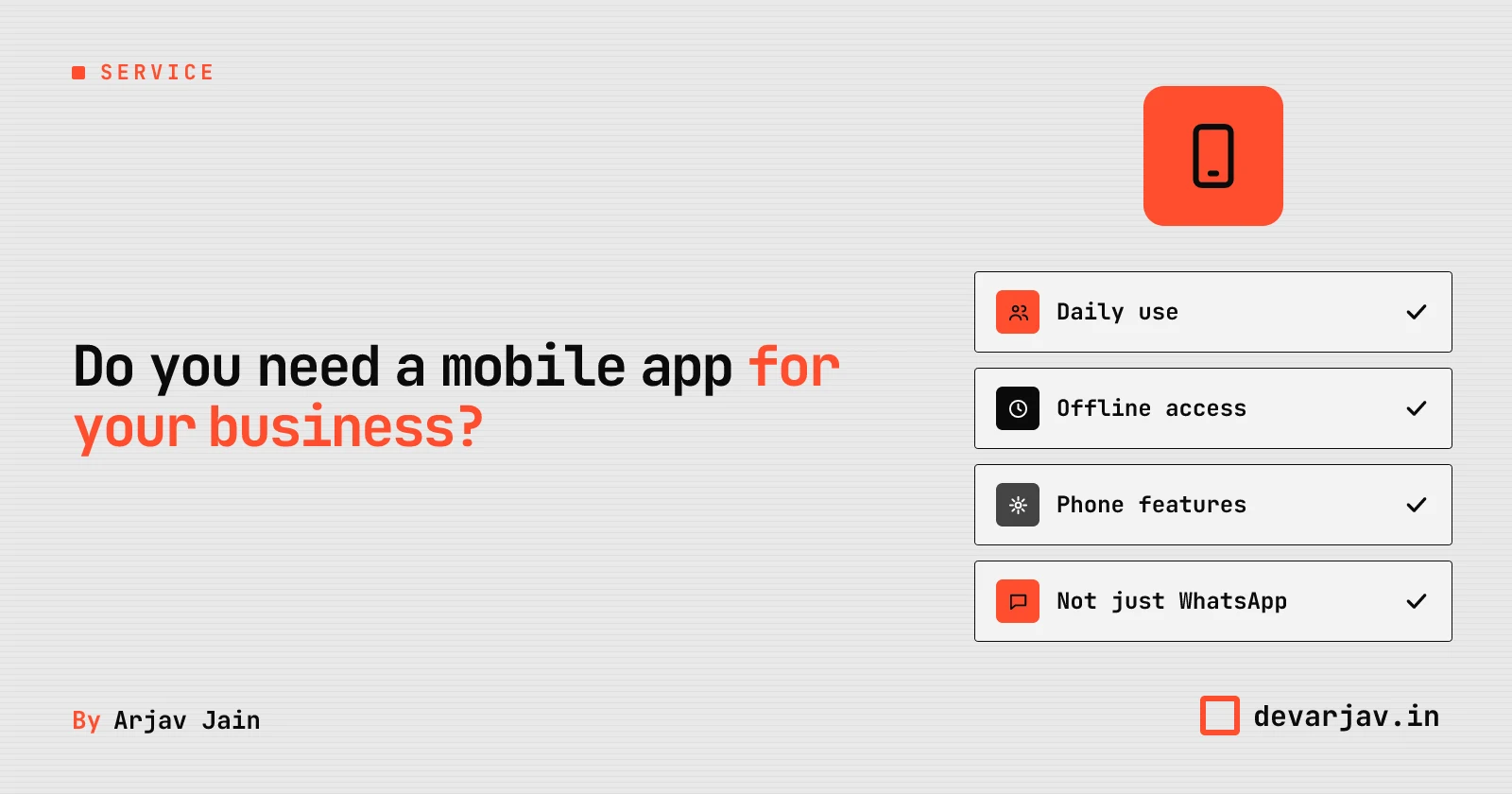 A phone showing app and website icons, with chips on when to build an app
