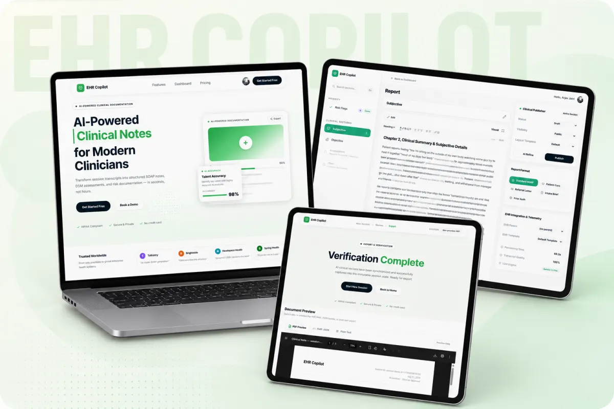 EHR Copilot on laptop and tablet: clinical notes, a report view and a verification screen